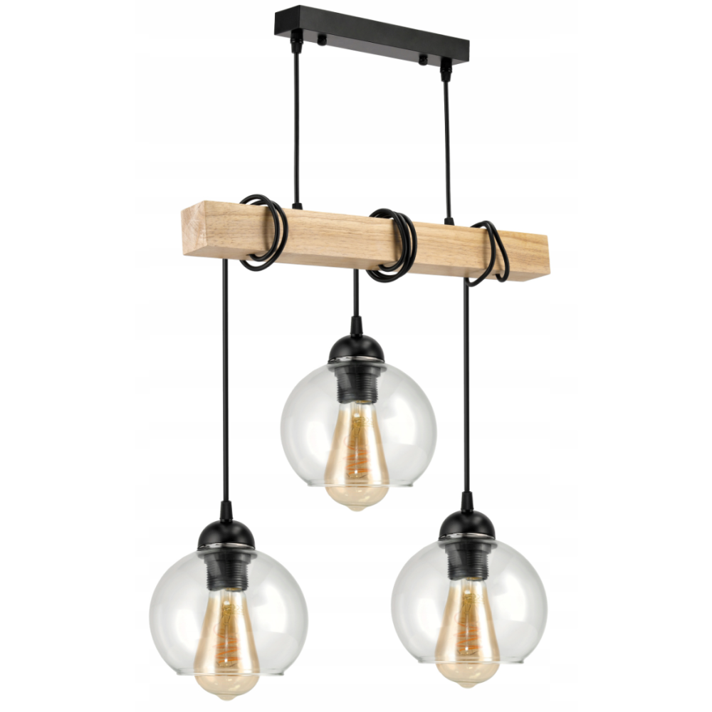 BERGE LED závesné stropné svietidlo, drevený trám, 3xE27, Luster, guľa, bezfarebný