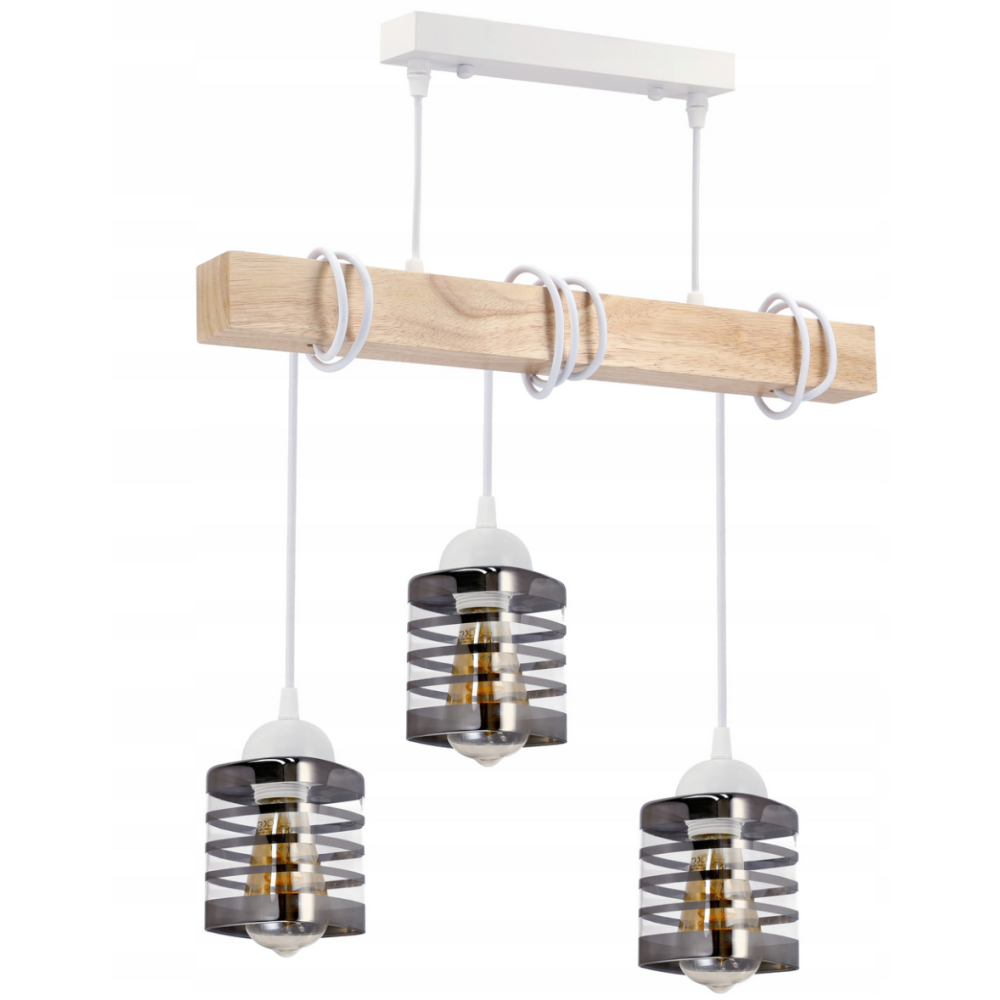BERGE Závesné LED stropné svietidlo 3xE27 drevený trám - sklenené lišty - biele