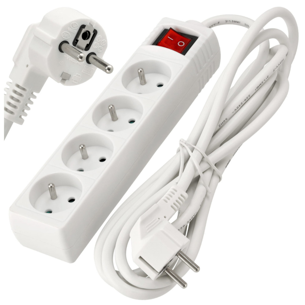 BERGE Predlžovací kábel 3m - 4 zásuvky - biely s vypínačom