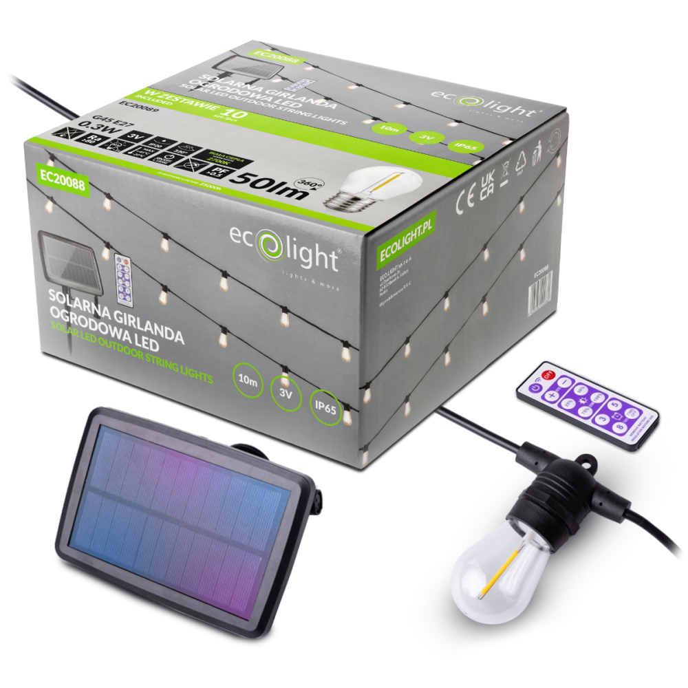 ECOLIGHT Solárna záhradná girlanda LED 10 m + 10x žiarovka