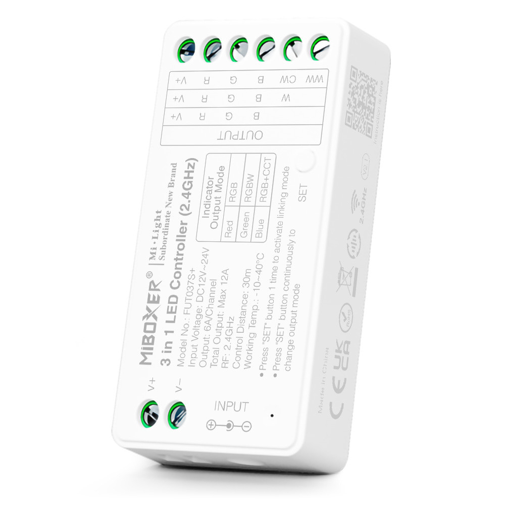 MiBOXER – 4-zónový RGB kontroler LED pásikov typ FUT37S+ – 6A – 12/24V DC
