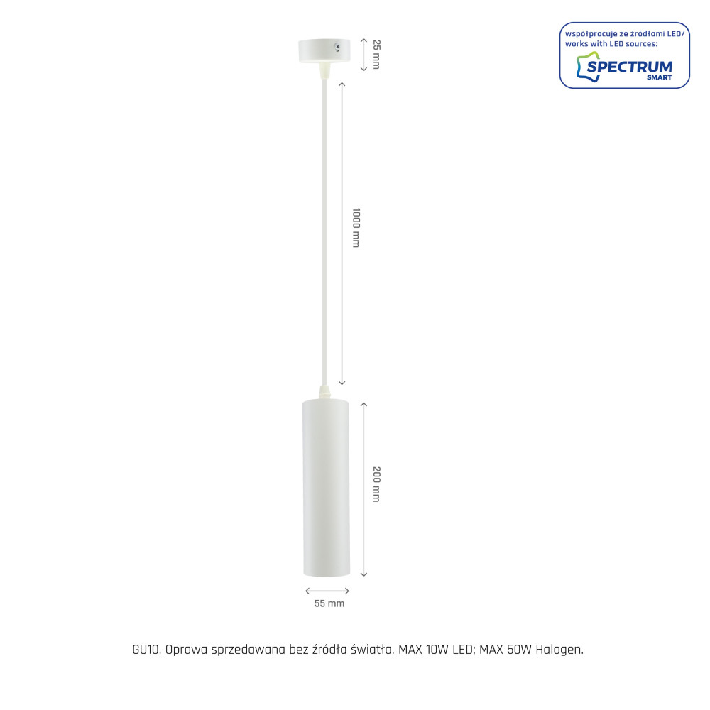 SPECTRUM - MADARA MINI II závesné svietidlo IP20 Ø55x200mm / dĺžka kábla 1000mm 250V GU10 - Biele