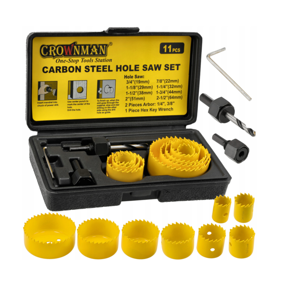 CROWNMAN Dierovacia píla na drevo s adaptérom Sada 11 ks + krabica