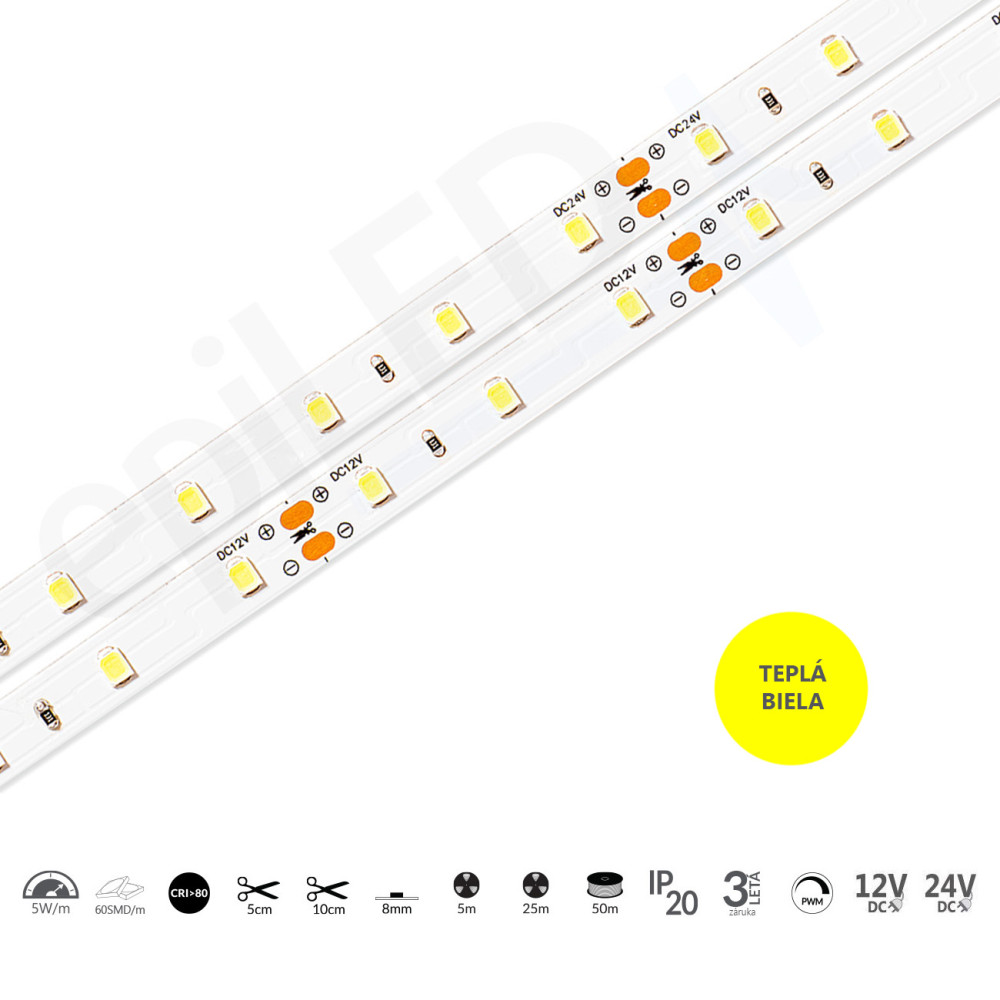 epiLED – 5m LED pásik Flex-60 – 5W, 60xSMD, 8mm, IP20, 12V DC - Teplá biela (WW) / 3000°K