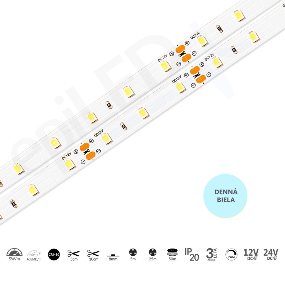 epiLED – 5m LED pásik Flex-60 – 5W, 60xSMD, 8mm, IP20, 12V DC - Denná biela (WH) / 6500°K