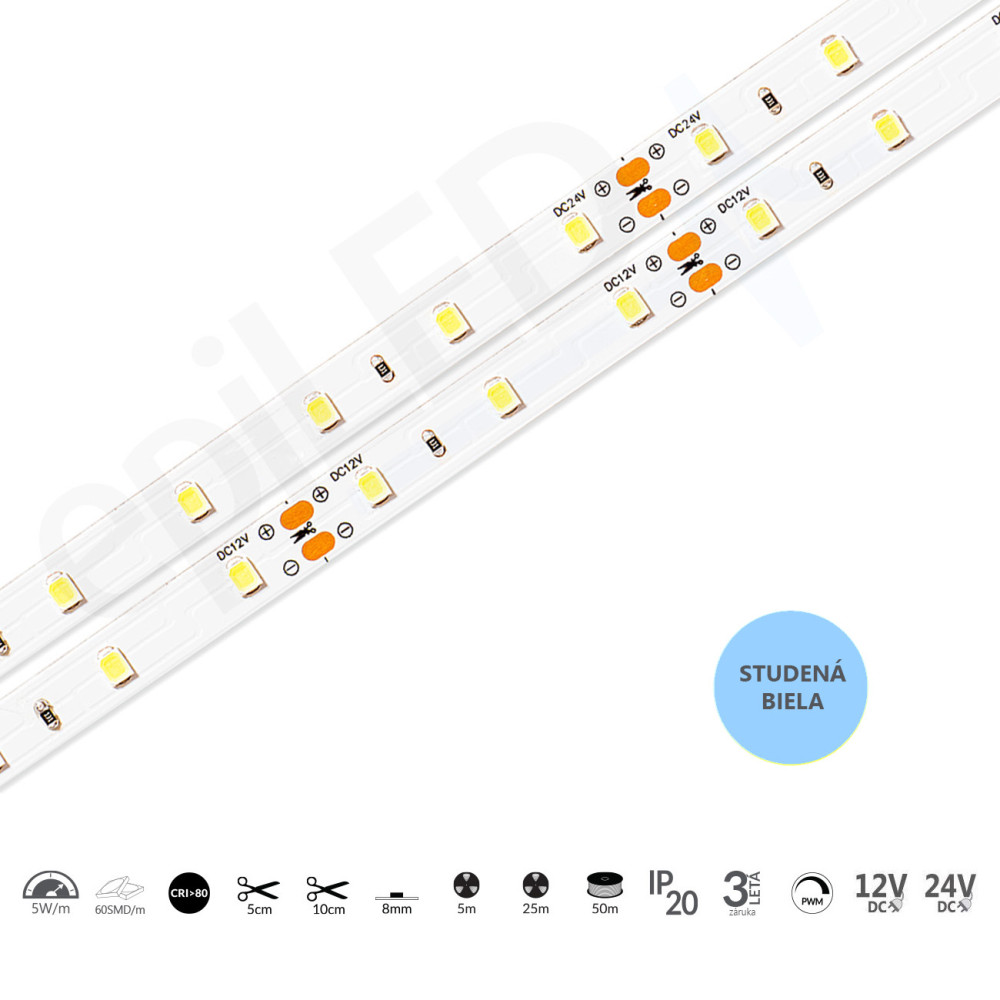 epiLED – 5m LED pásik Flex-60 – 5W, 60xSMD, 8mm, IP20, 12V DC - Studená biela (CW) / 10000°K