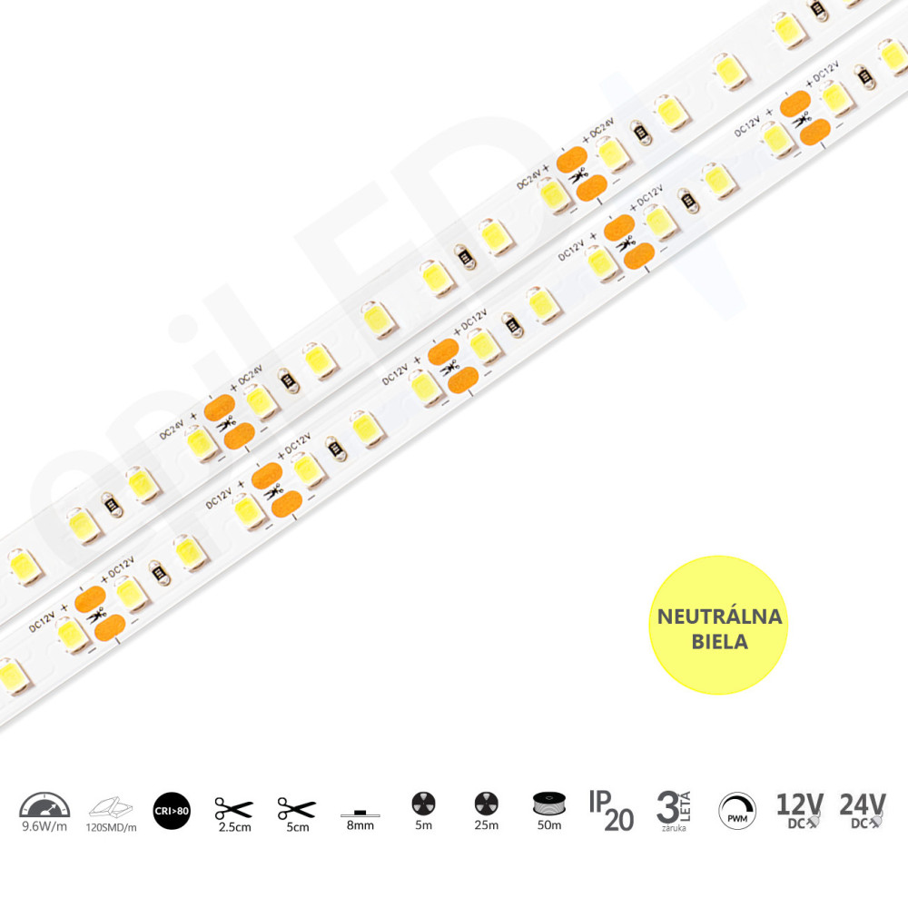 epiLED – 5m LED pásik Flex-120 – 9.6W, 120xSMD, 8mm, IP20, 12V DC - Neutrálna biela (NW) / 4000°K
