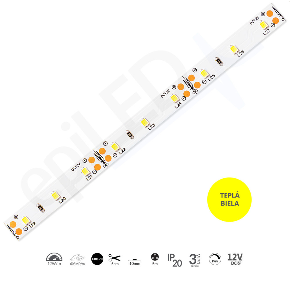 epiLED – 5m LED pásik EMPA-60 – 12W, 60xSMD, 10mm, IP20, 12V DC - Teplá biela (WW) / 3000°K