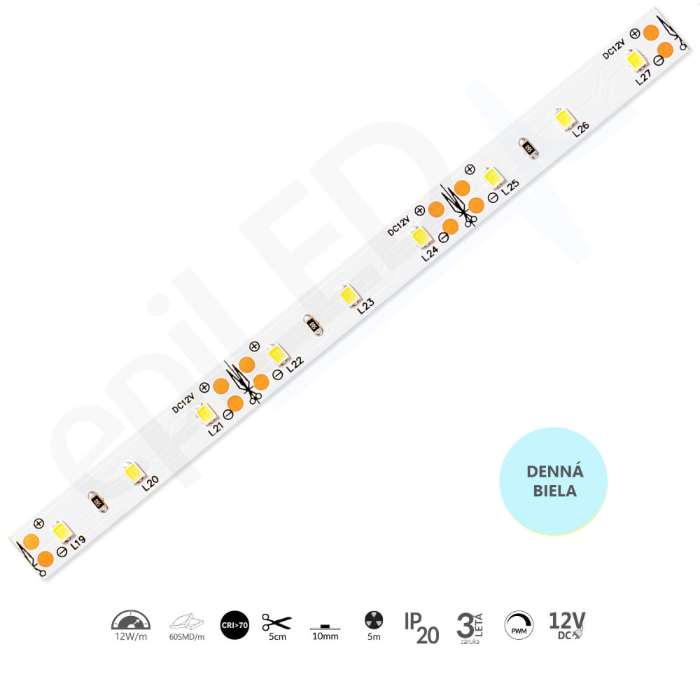 epiLED – 5m LED pásik EMPA-60 – 12W, 60xSMD, 10mm, IP20, 12V DC - Denná biela (WH) / 6500°K