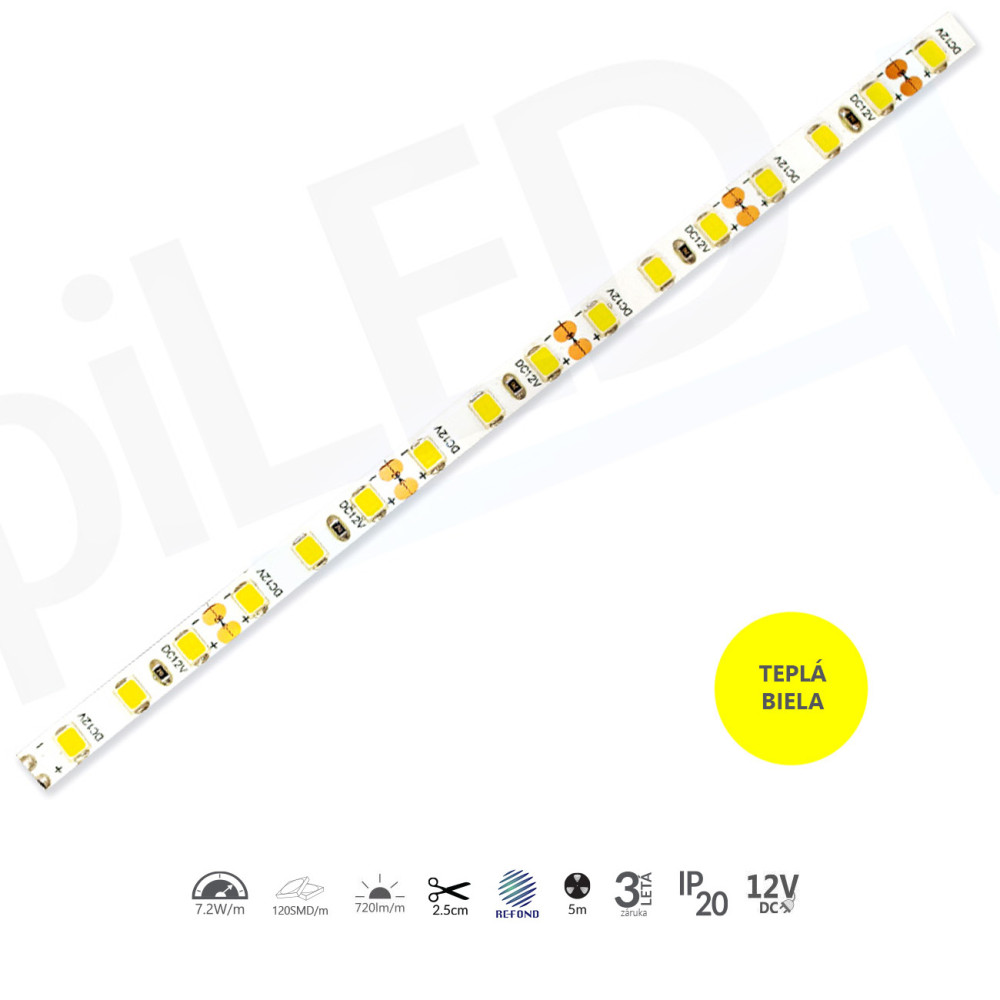 epiLED – 5m LED pásik EdgeLite – 7.2W, 120xSMD, 5mm, IP20, 12V DC - Teplá biela (WW) / 3000°K epiLED – 5m LED pásik EdgeLite – 7.2W, 120xSMD, 5mm, IP20, 12V DC - Teplá biela (WW) / 3000°K