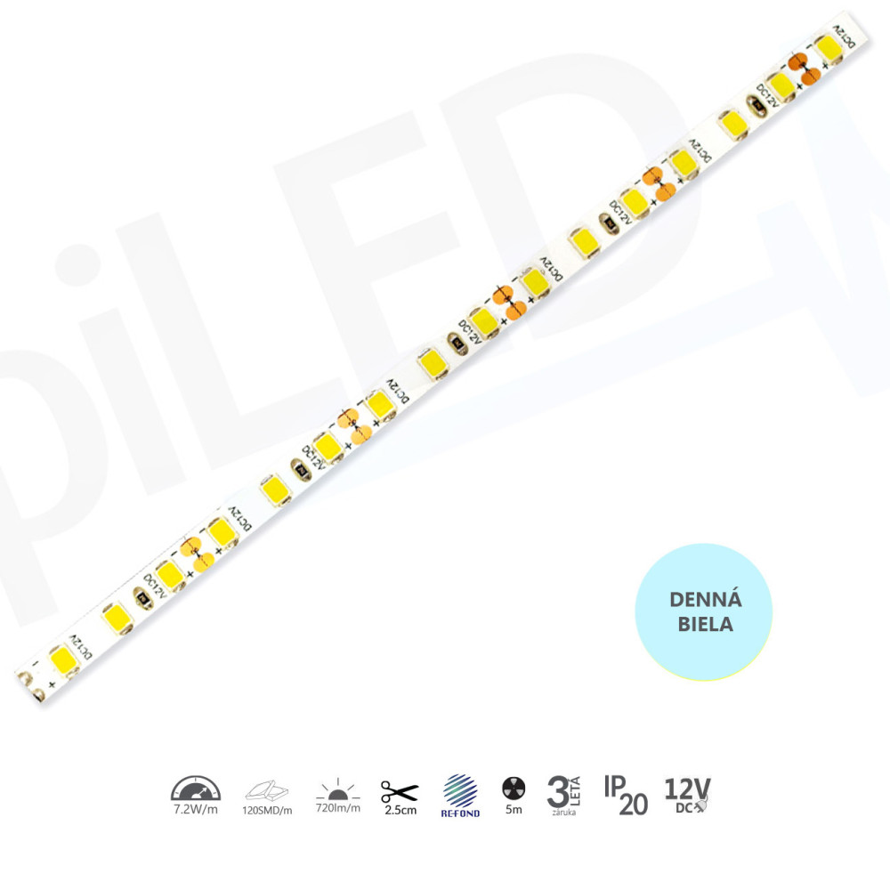 epiLED – 5m LED pásik EdgeLite – 7.2W, 120xSMD, 5mm, IP20, 12V DC - Denná biela (WH) / 6500°K