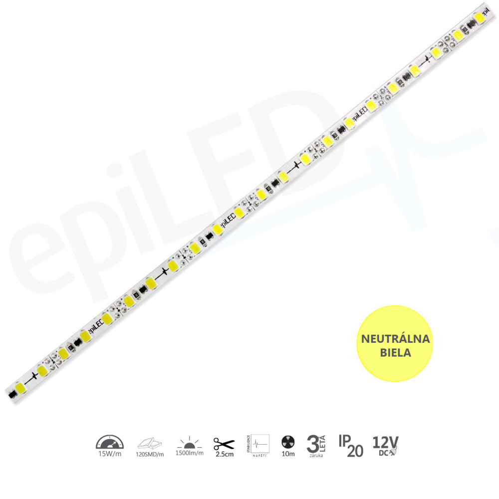 epiLED – 10m LED pásik EdgeStrip – 15W, 120xSMD, 5mm, IP20, 12V DC - Neutrálna biela (NW) / 4000°K