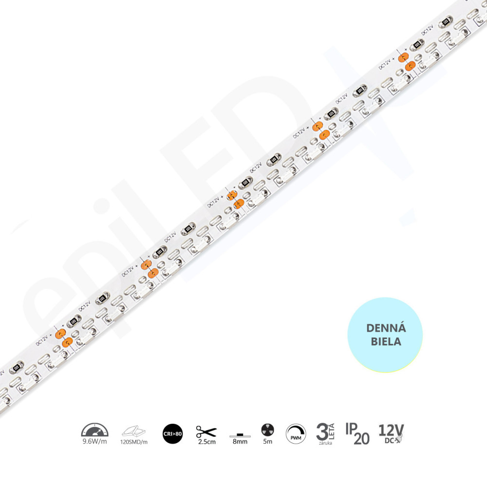 epiLED – 5m LED pásik SideStrip – 9.6W, 120xSMD, 8mm, IP20, 12V DC - Denná biela (WH) / 6500°K