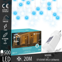 SPRINGOS - 500 LED (20m) girlandová svetelná reťaz, ​​vnútorné/vonkajšie cencúľové svetielka modrá so studeným bielym blikaním