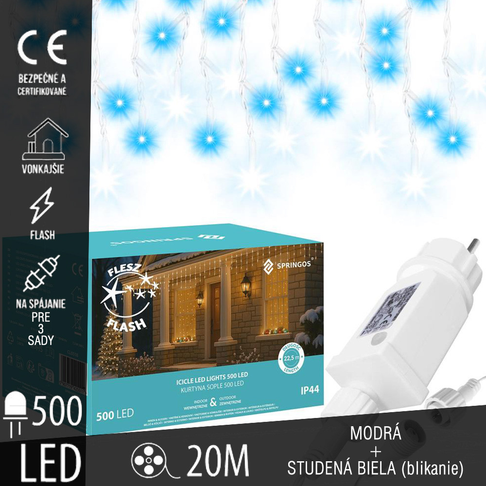 SPRINGOS - 500 LED (20m) girlandová svetelná reťaz, ​​vnútorné/vonkajšie cencúľové svetielka modrá so studeným bielym blikaním