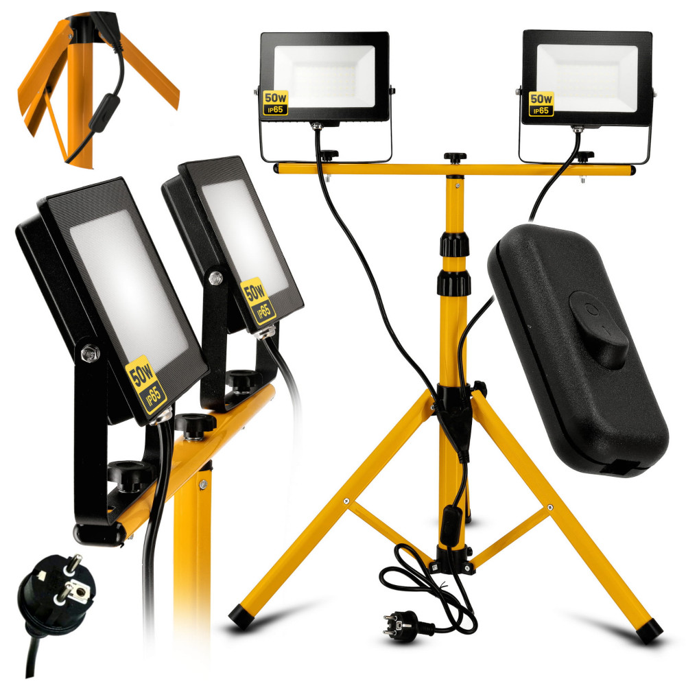 BERGE sada LED reflektor 2x 50W studená biela + 140cm statív + vypínač