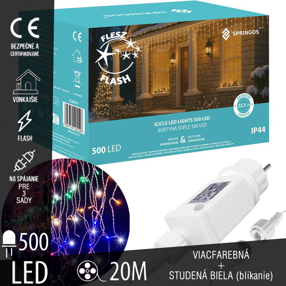 SPRINGOS - 500 LED (20m) girlandová svetelná reťaz, ​​vnút./vonk. cencúľové svetielka viacfarebná so studeným bielym blikaním