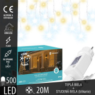 SPRINGOS - 500 LED (20m) svetelný záves CL0531 - ​​vnút./vonk. cencúľové svetielka - teplá biela so studeným bielym blikaním
