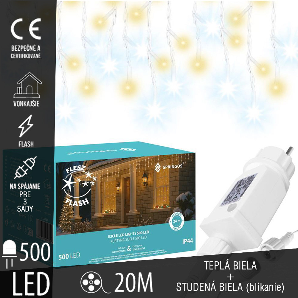 SPRINGOS - 500 LED (20m) svetelný záves CL0531 - ​​vnút./vonk. cencúľové svetielka - teplá biela so studeným bielym blikaním