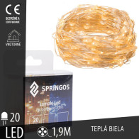SPRINGOS - 20 LED (1,9m) vianočné nano LED svetielka z mikrodrôtov na 2xAA batérie - teplá biela