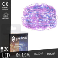 SPRINGOS - 20 LED (1,9m) vianočné nano LED svetielka z mikrodrôtov na 2xAA batérie - Ružová+Modrá