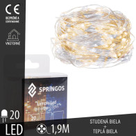 SPRINGOS - 20 LED (1,9m) vianočné nano LED svetielka z mikrodrôtov na 2xAA batérie - Studená biela + Teplá biela