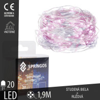 SPRINGOS - 20 LED (1,9m) vianočné nano LED svetielka z mikrodrôtov na 2xAA batérie - Studená biela + Ružová