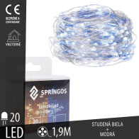 SPRINGOS - 20 LED (1,9m) vianočné nano LED svetielka z mikrodrôtov na 2xAA batérie - Studená biela + Modrá