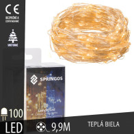 SPRINGOS - 100 LED (9,9m) vianočné nano LED svetielka z mikrodrôtov na 3xAA batérie - teplá biela