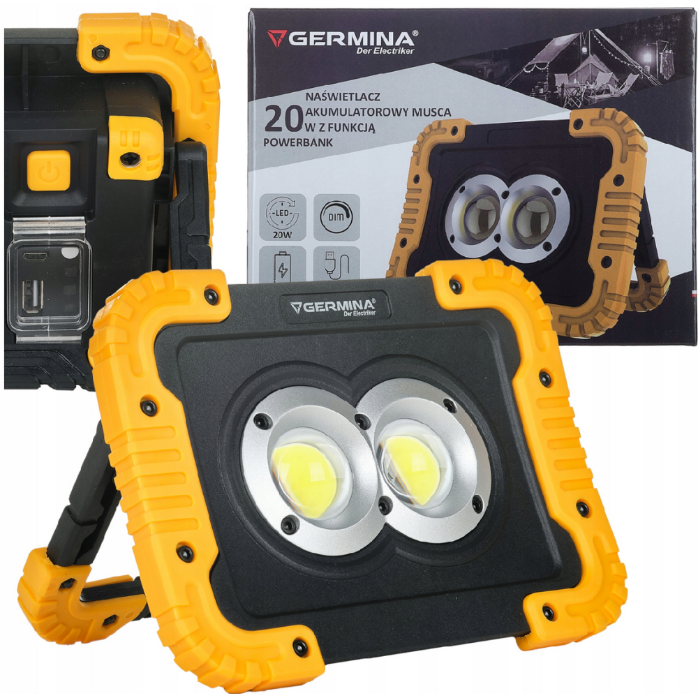 Germina Prenosný nabíjací LED reflektor s funkciou powerbanky 20W - IP44 - studená farba