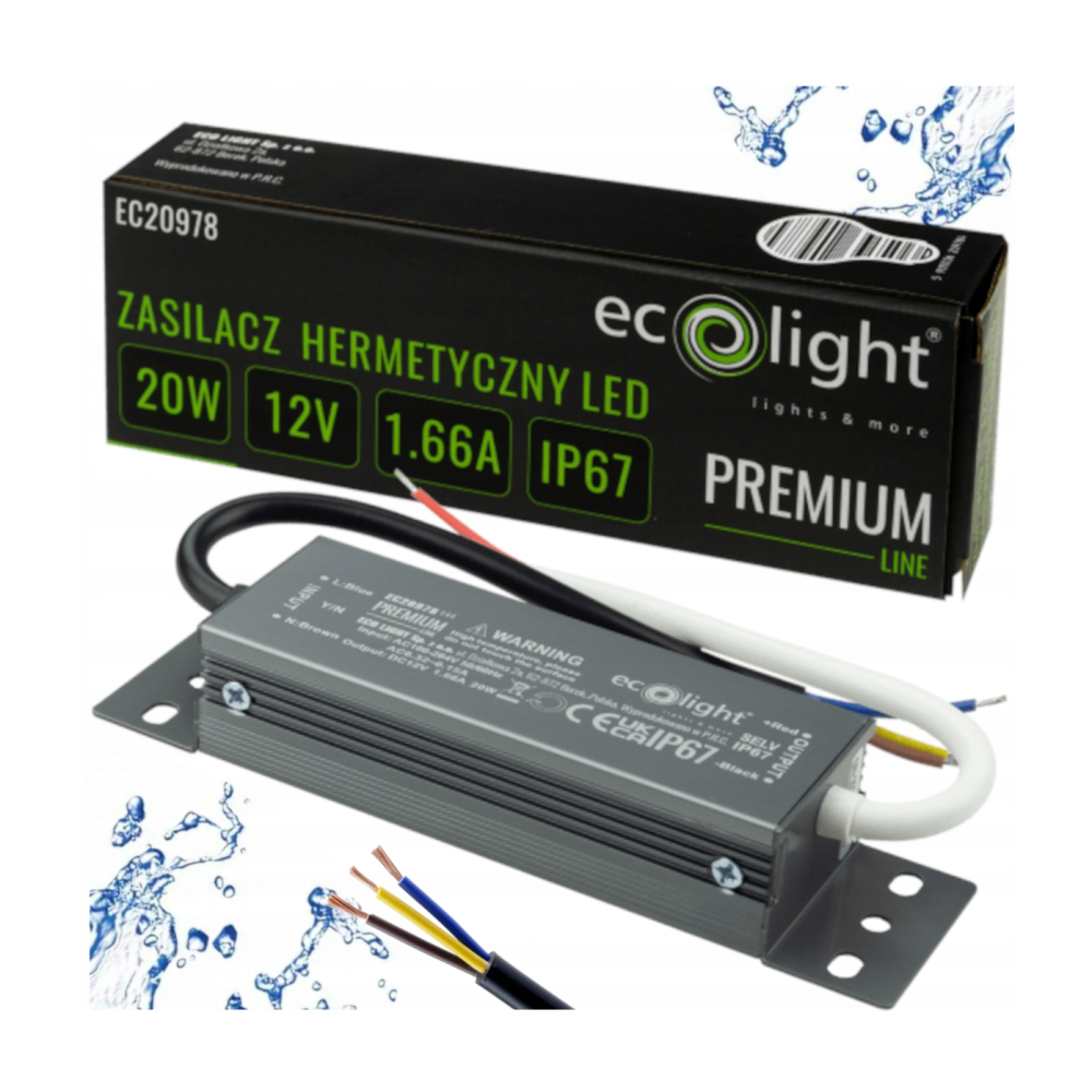 ECOLIGHT Hermetický LED zdroj 12V 20W IP67 vodeodolný