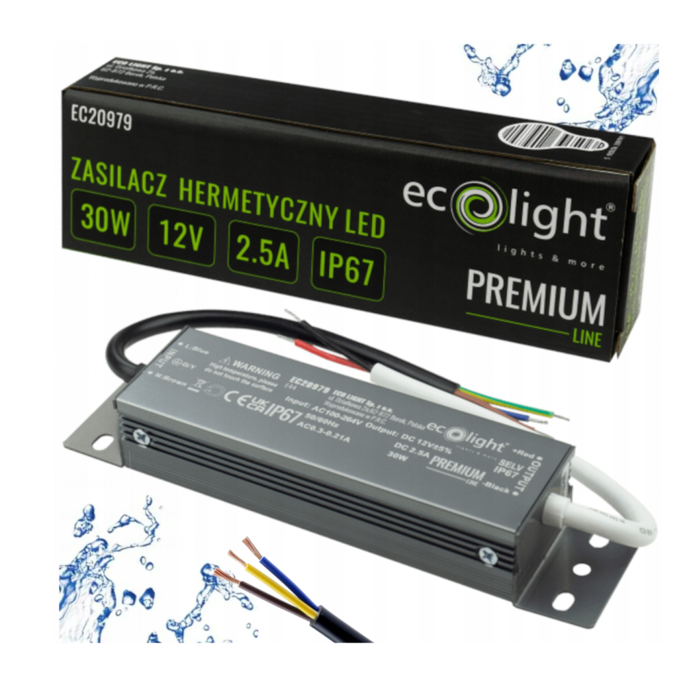 ECOLIGHT Hermetický LED zdroj 12V 30W IP67 vodeodolný