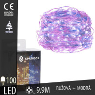 SPRINGOS - 100 LED (9,9m) vianočné nano LED svetielka z mikrodrôtov na 3xAA batérie - Ružová+modrá