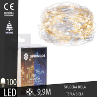 SPRINGOS - 100 LED (9,9m) vianočné nano LED svetielka z mikrodrôtov na 3xAA batérie - Studená biela+Teplá biela