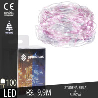 SPRINGOS - 100 LED (9,9m) vianočné nano LED svetielka z mikrodrôtov na 3xAA batérie - Studená biela+Ružová