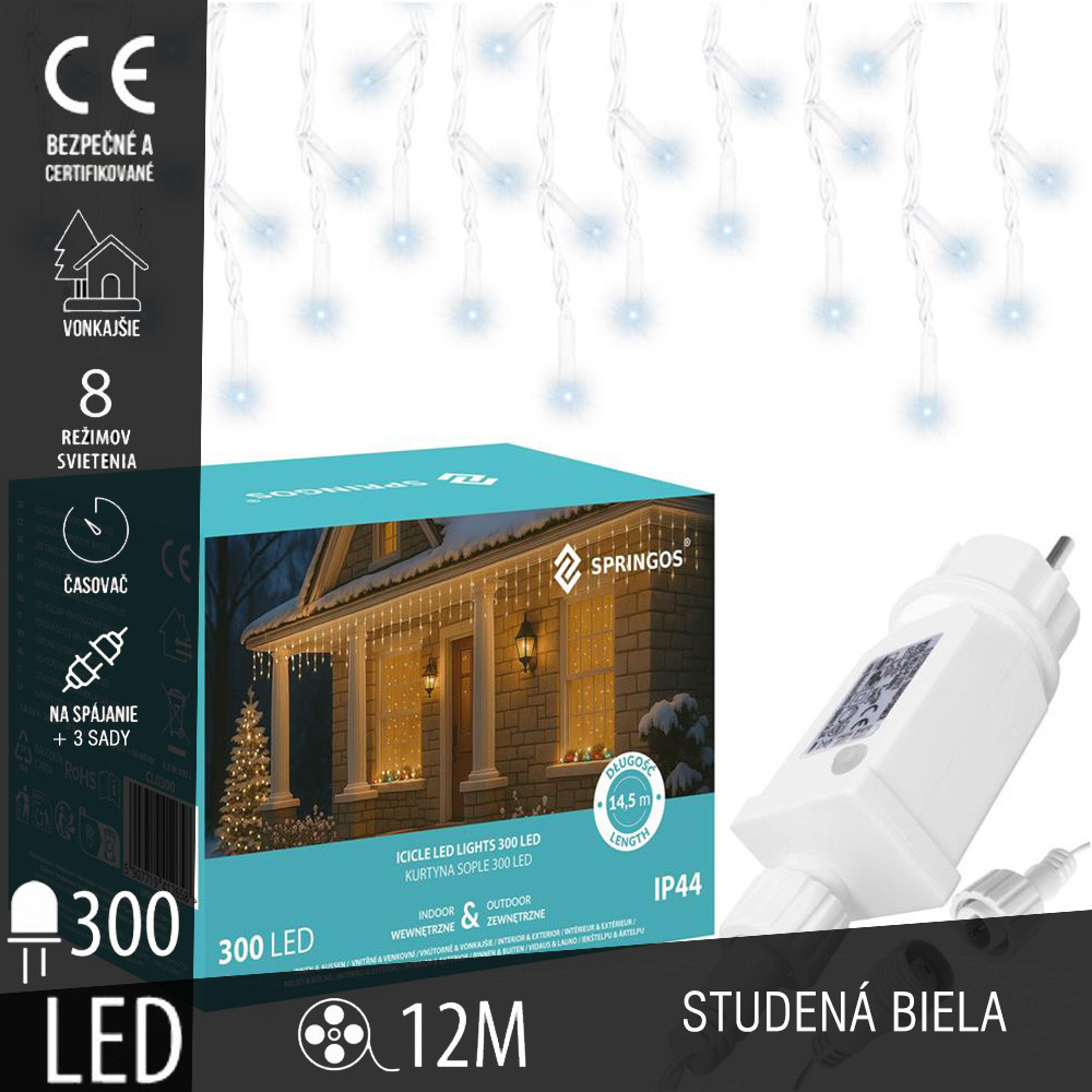 SPRINGOS - 300 LED (12m) girlandová svetelná reťaz, ​​vnút./vonk. cencúľové svetielka - studená biela