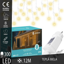 SPRINGOS - 300 LED (12m) svetelný záves CL0301, ​​vnút./vonk. cencúľové svetielka - teplá biela