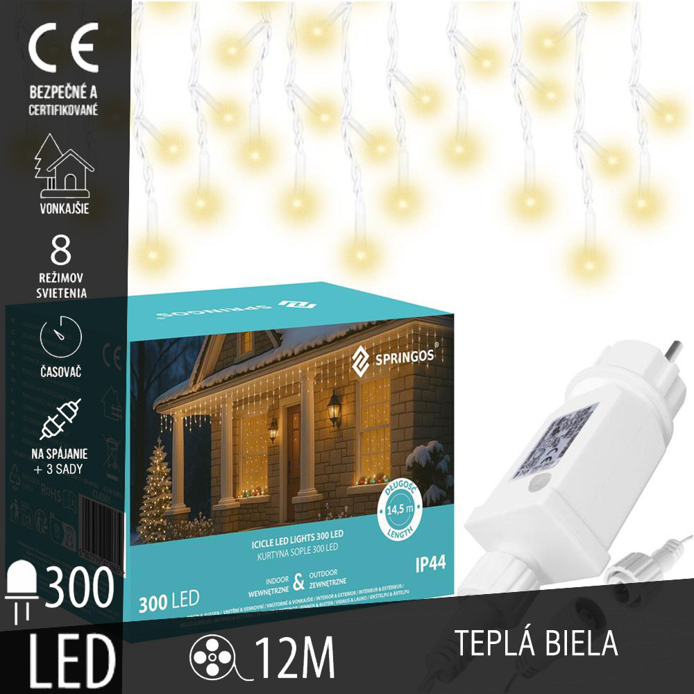 SPRINGOS - 300 LED (12m) vianočný svetelný záves CL0301, ​​vnút./vonk. cencúľové svetielka - teplá biela