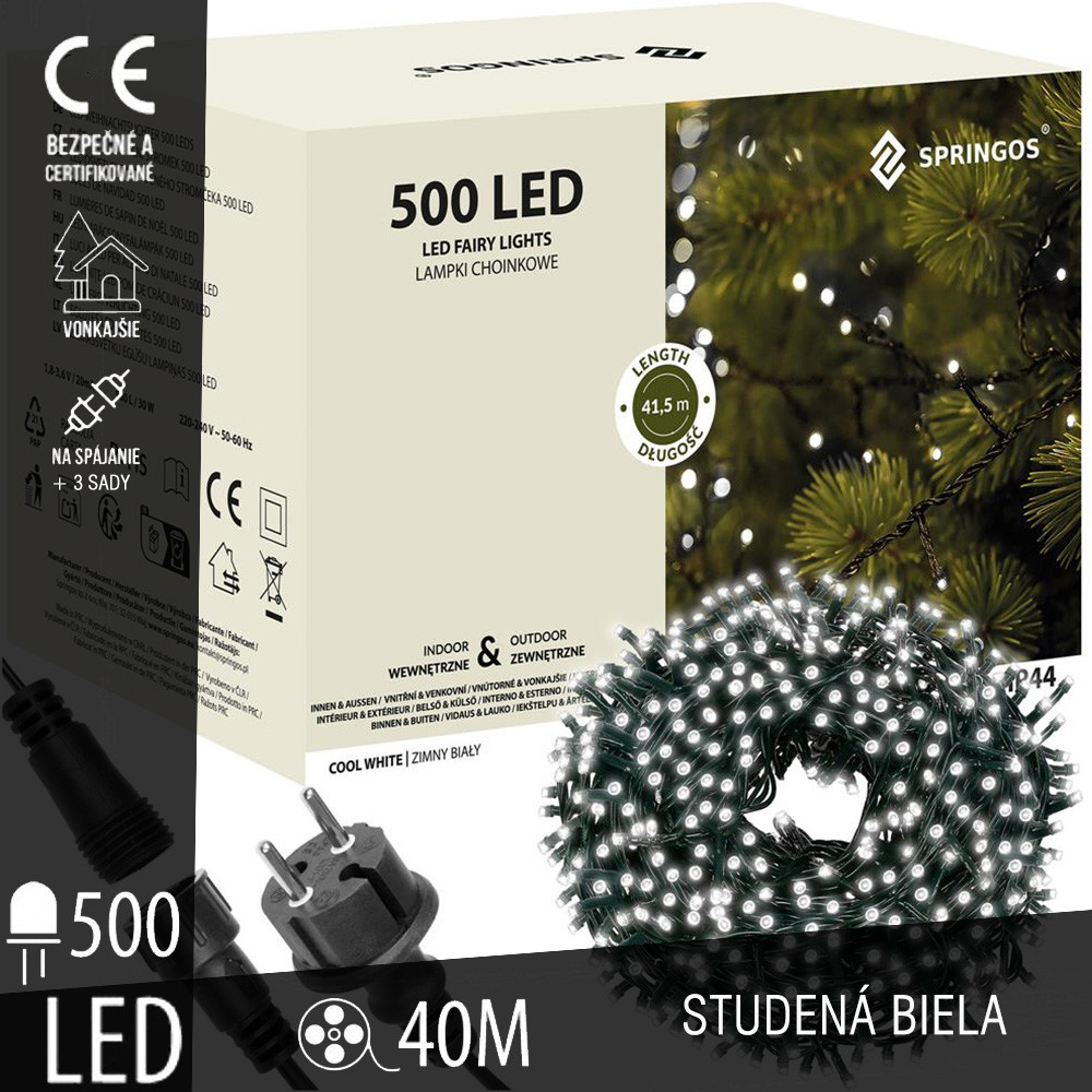 SPRINGOS - 500 LED (40m) vianočná svetelná reťaz CL0525, ​​vnút./vonk. na stromček - studená biela