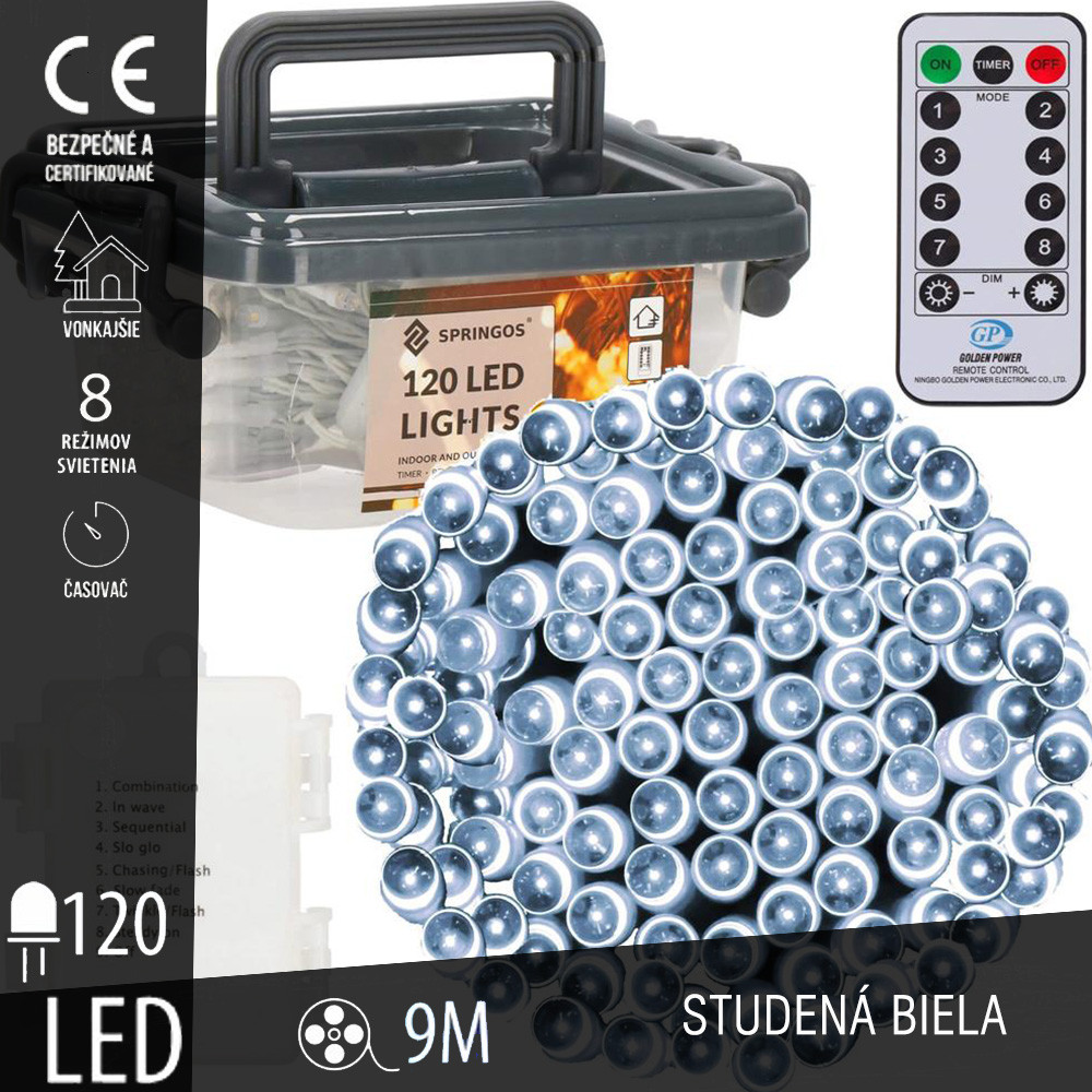 SPRINGOS - 120 LED (9m) vianočná svetelná reťaz CL0172, ​​vnút./vonk. na batérie 3xAA - studená biela