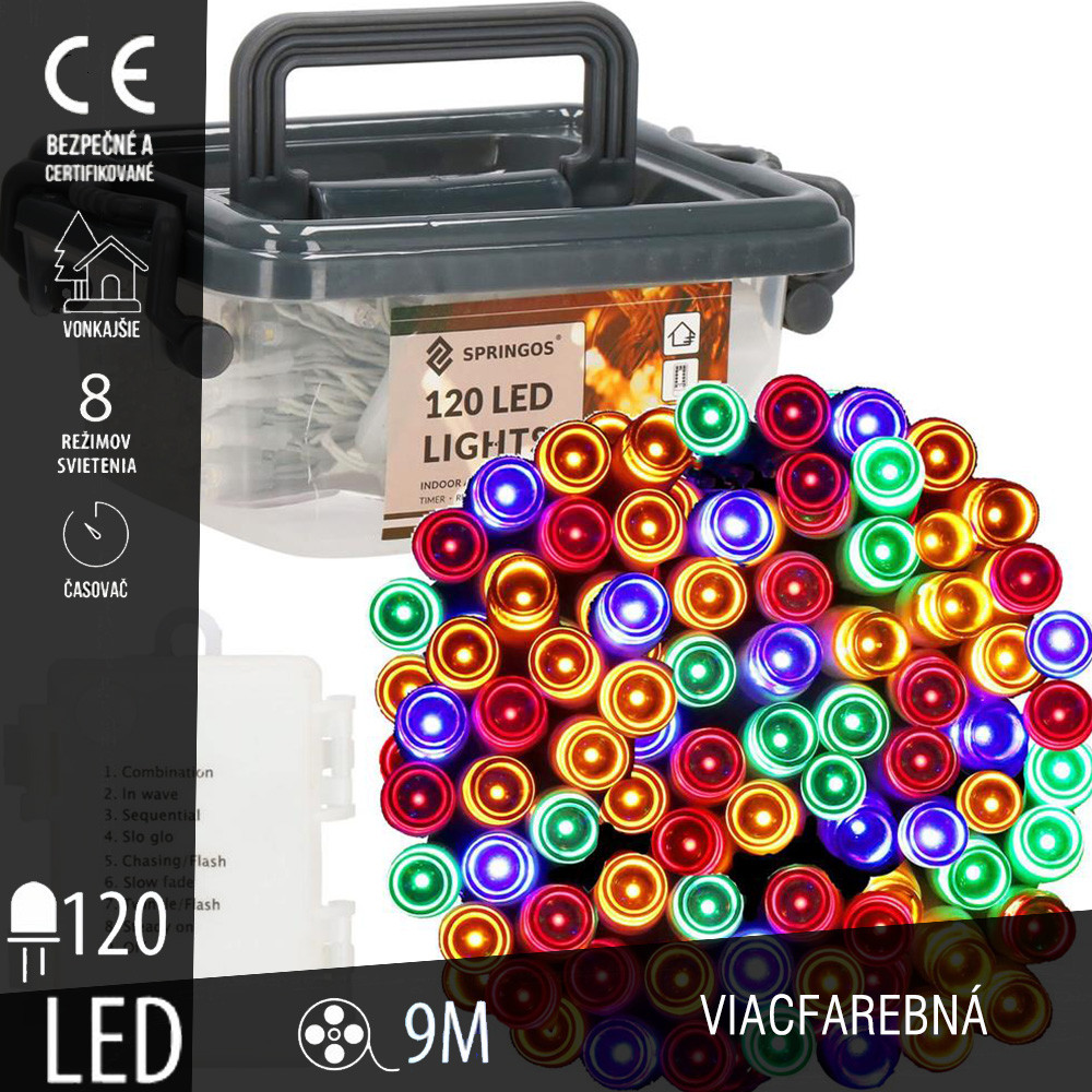 SPRINGOS - 120 LED (9m) vianočná svetelná reťaz CL0173, ​​vnút./vonk. na batérie 3xAA - viacfarebná