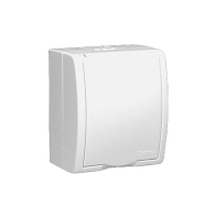 Kontakt Simon - Jedno zásuvka SIMON AQUARIUS AQGZ1Z/11, s uzemnením IP 54 s clonkami – krycia klapka v bielej farbe, 16A, biela