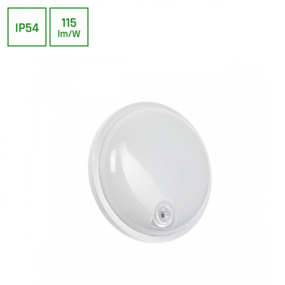 SPECTRUM - TECHNIC ROUND LED 20W - technické svietidlo 120° IP54 Ø220x60mm 230V Neutrálna biela / 4000°K - Biele / PIR senzor