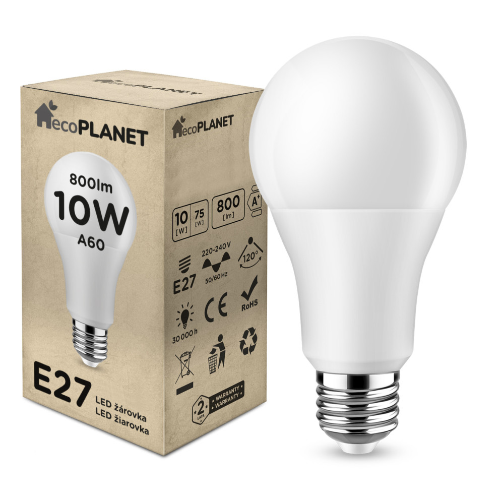 ecoPLANET - LED žiarovka - 10W - 800lm - 270° - 230V - Studená Biela / 6000°K - E27