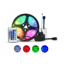BERGE - 5m LED pásik RGB Sada – 4.8W, 60xSMD, 8mm, IP65, 12V DC – RGB (diaľkové ovládanie + adaptér v sade)