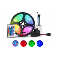BERGE - 5m LED pásik RGB Sada – 4.8W, 60xSMD, 8mm, IP65, 12V DC – RGB (diaľkové ovládanie + adaptér v sade)