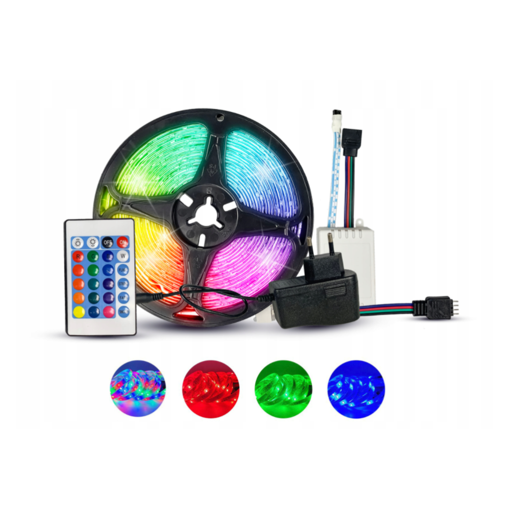 BERGE - 5m LED pásik RGB Sada – 4.8W, 60xSMD, 8mm, IP65, 12V DC – RGB (diaľkové ovládanie + adaptér v sade)