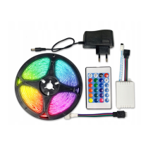 BERGE - 5m LED pásik RGB Sada – 4.8W, 60xSMD, 8mm, IP65, 12V DC – RGB (diaľkové ovládanie + adaptér v sade)