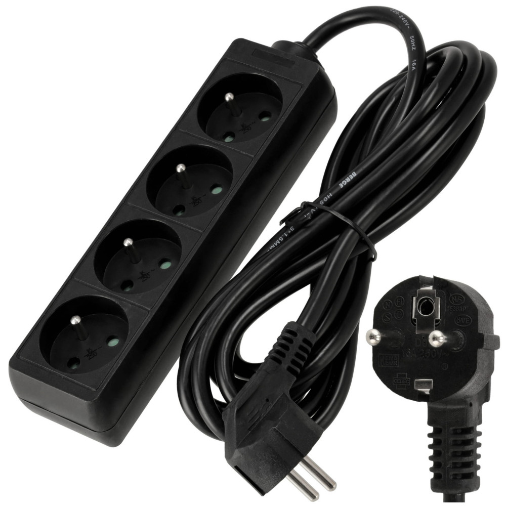 BERGE - Predlžovací kábel s vidlicou a 4x zásuvkou - 3m - 230V - čierny