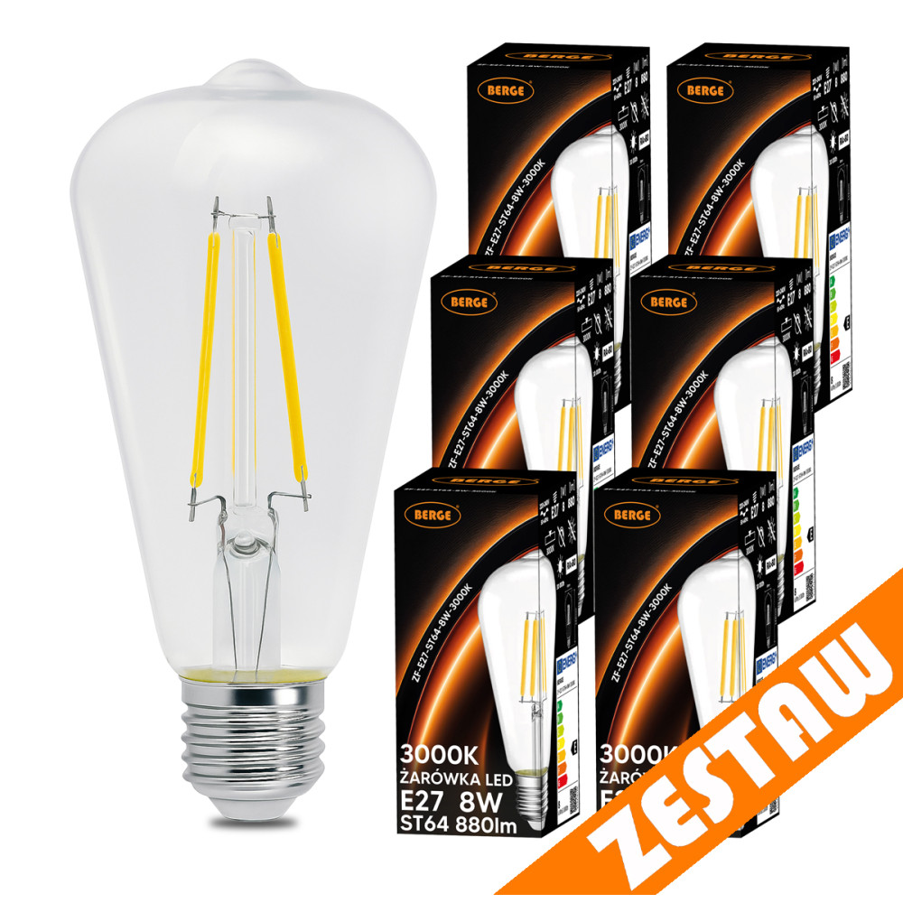 BERGE SADA 6x LED žiarovka E27 ST64 6W 660lm Filament 3000K - tepla biela